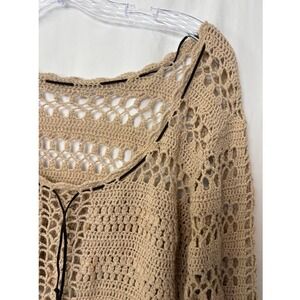 Boho Tan Crochet Open‎ Weave Knit Lace Up Hippie Cottagecore Festival Top M/L